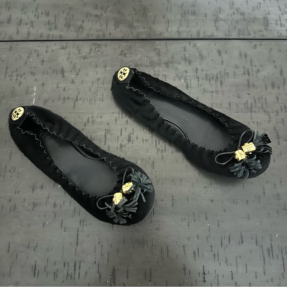 Tory Burch Women’s Reese Mestico Black Ballet Shoes Flat Tassels
